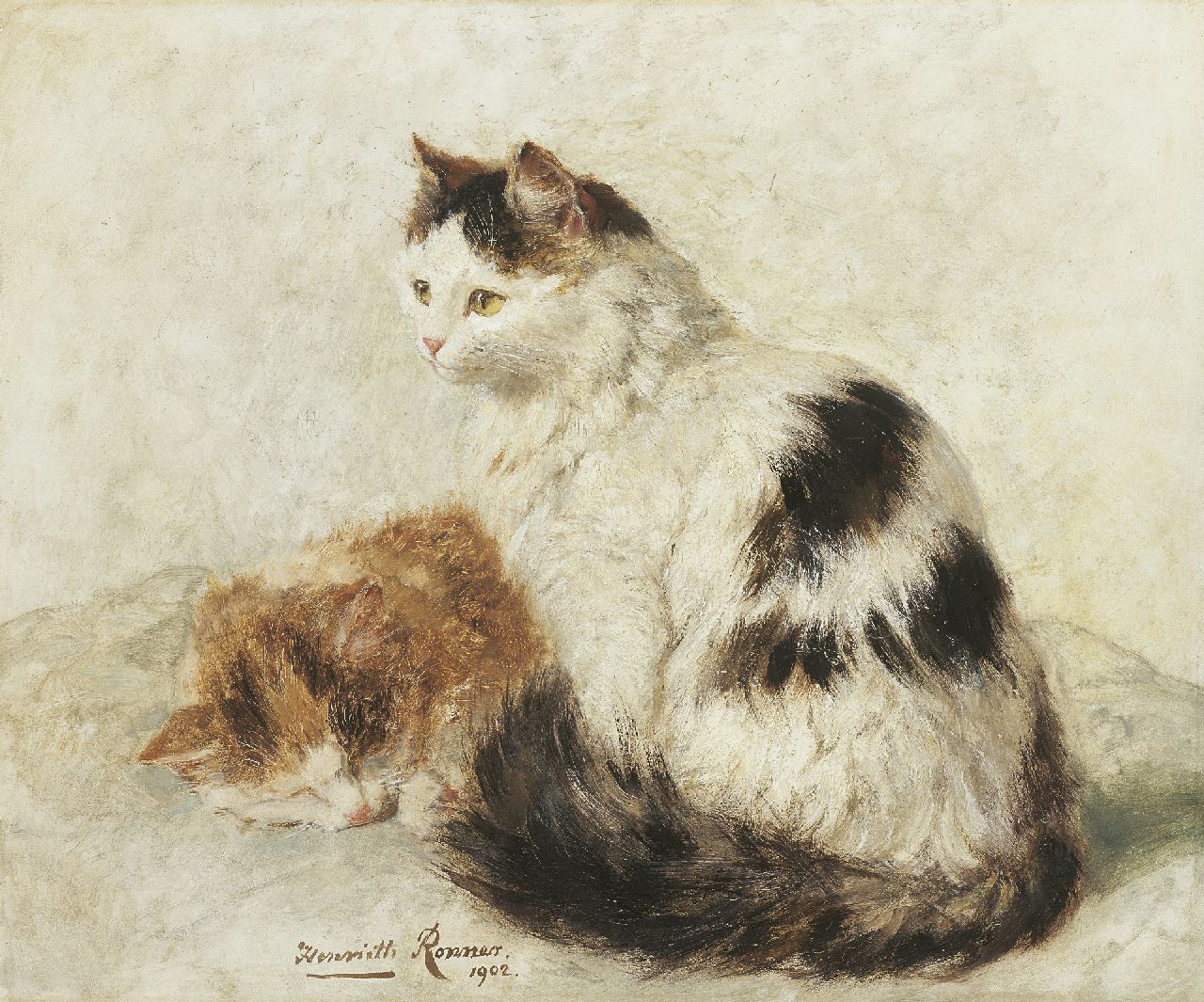 Ronner-Knip H.  | Henriette Ronner-Knip, Slapende roodbruine kat en wit gevlekte kat, olieverf op paneel 36,9 x 45,0 cm, gesigneerd middenonder en gedateerd 1902