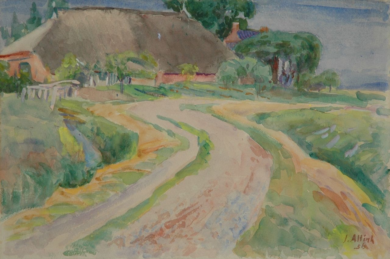Altink J.  | Jan Altink, Landweg langs boerderij, aquarel op papier 38,0 x 57,0 cm, gesigneerd rechtsonder en gedateerd '56
