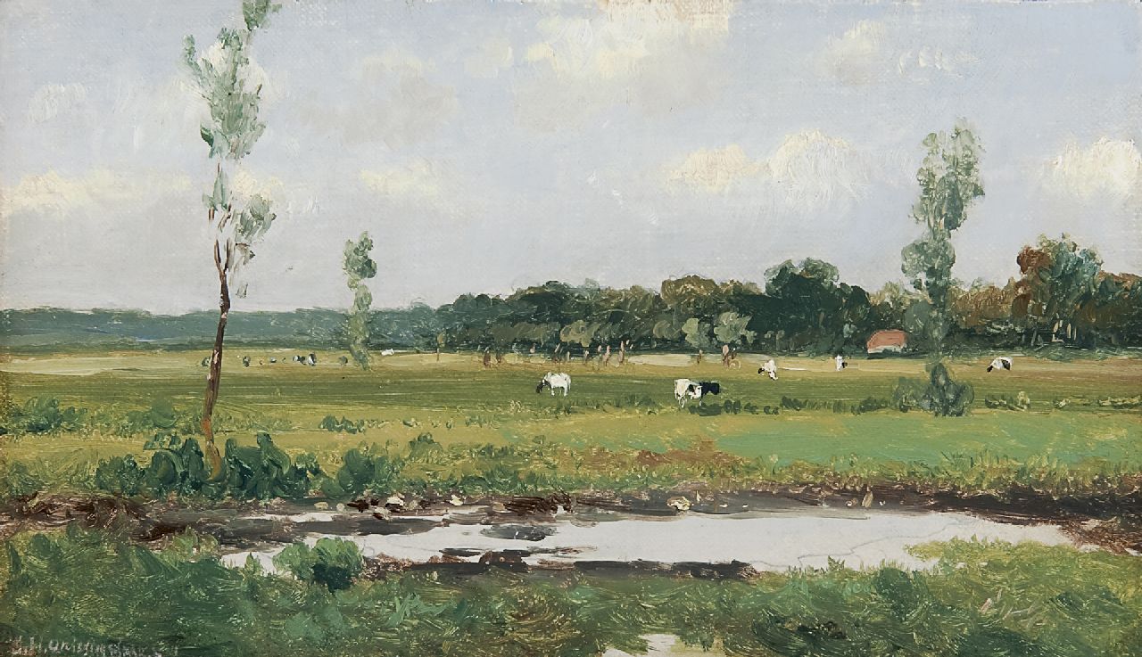 Weissenbruch H.J.  | Hendrik Johannes 'J.H.' Weissenbruch, Landschap met koeien, olieverf op doek op paneel 15,8 x 26,9 cm, gesigneerd linksonder