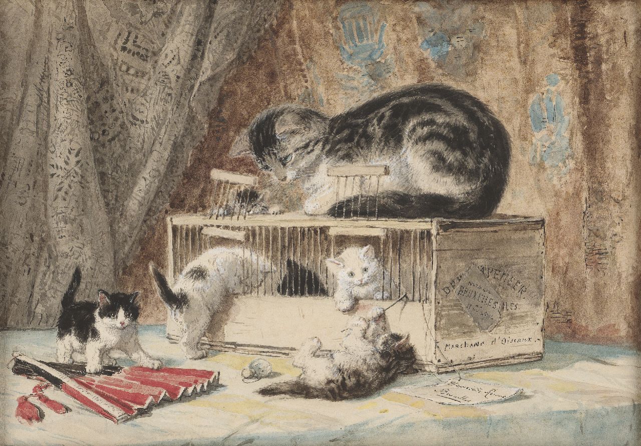 Ronner-Knip H.  | Henriette Ronner-Knip, Moederpoes en kittens spelend met een vogelkooi, aquarel op papier 30,2 x 43,9 cm, gesigneerd rechtsonder op geschilderd label
