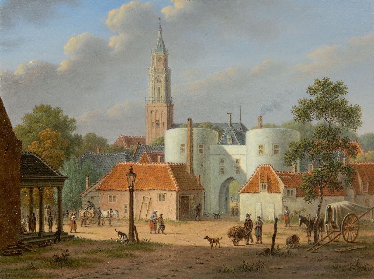 Pieter de Goeje | De Sabelspoort in Arnhem gezien vanaf de Rijn, met links de vismarkt, olieverf op paneel, 23,4 x 31,2 cm, gesigneerd r.o. en te dateren ca. 1848