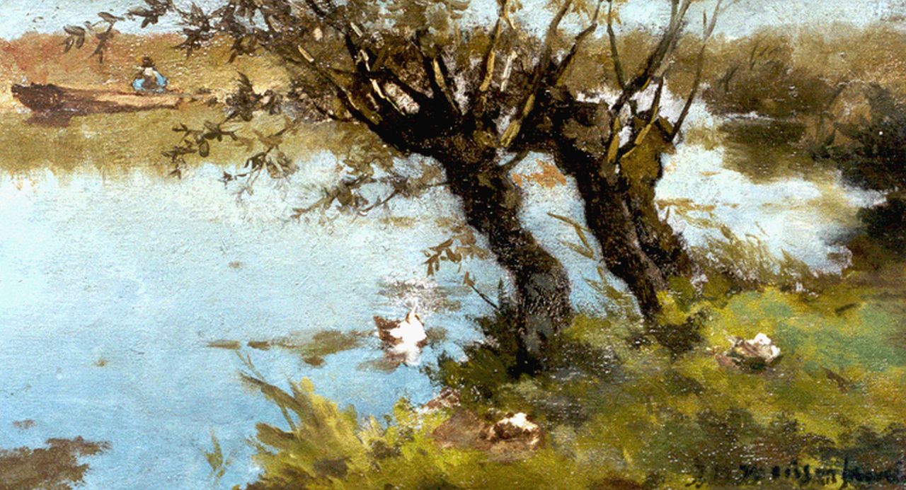 Weissenbruch H.J.  | Hendrik Johannes 'J.H.' Weissenbruch, Visser en eenden aan de oevers van een vaart, olieverf op paneel 16,6 x 29,0 cm, gesigneerd rechtsonder