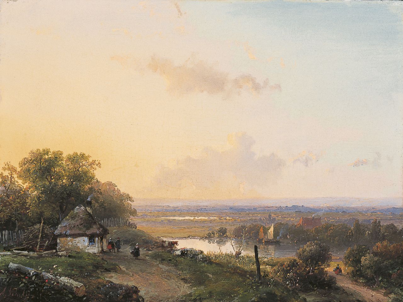 Schelfhout A.  | Andreas Schelfhout, Wandelaars op een pad in een panoramisch landschap, olieverf op paneel 19,0 x 25,5 cm, gesigneerd linksonder en te dateren ca. 1850