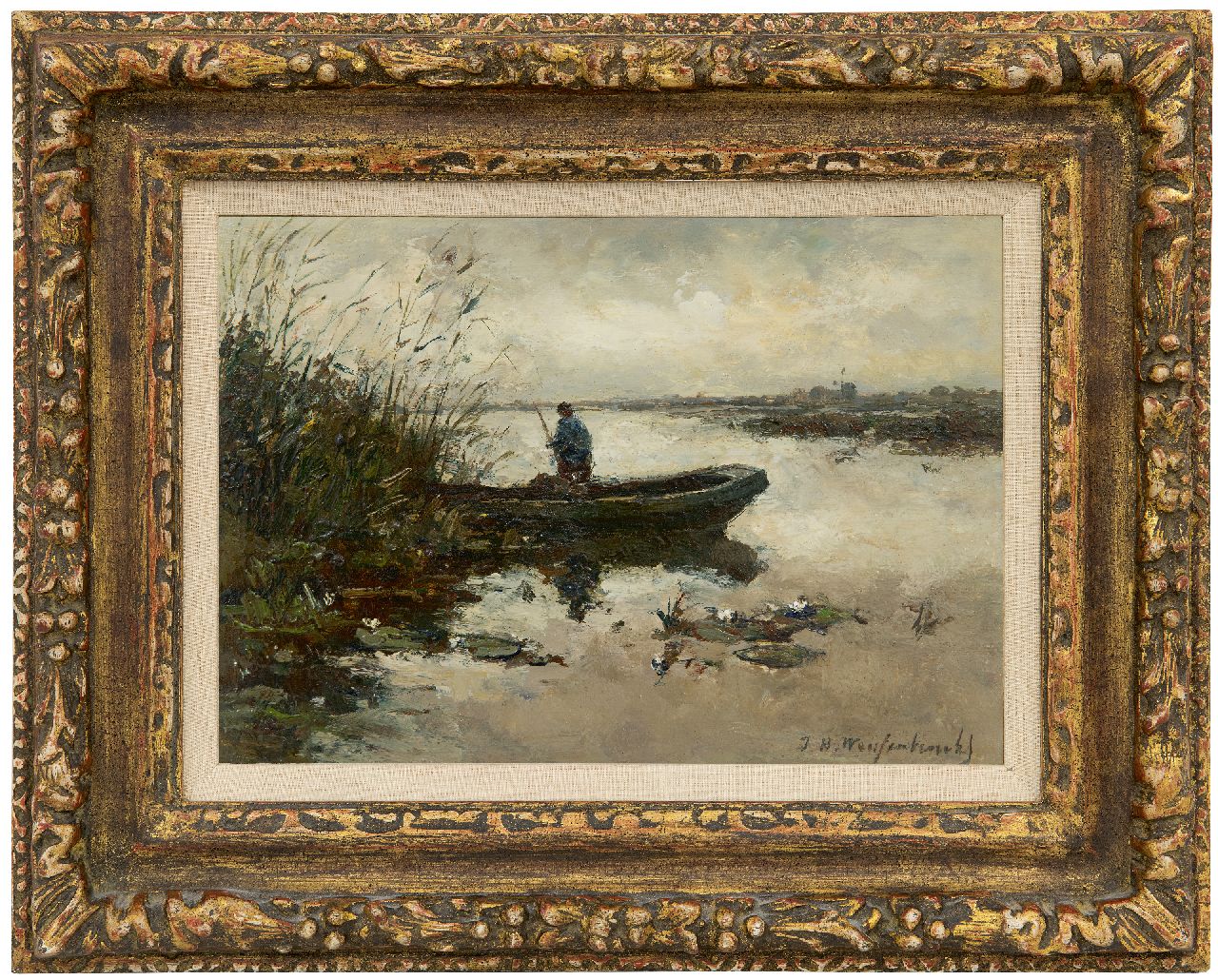 Weissenbruch H.J.  | Hendrik Johannes 'J.H.' Weissenbruch, Visser in een poldervaart, olieverf op paneel 20,2 x 28,3 cm, gesigneerd rechtsonder en te dateren ca. 1890-1895.