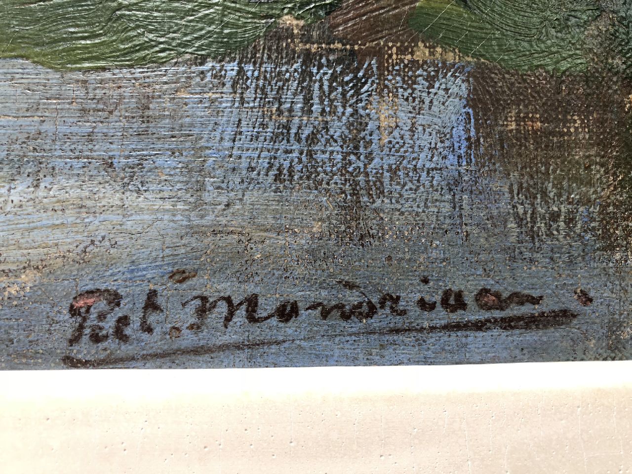 Piet Mondriaan signaturen Boerderij Geinrust achter bomenrij aan het Gein (met 'geisoleerde boom' zie onder)