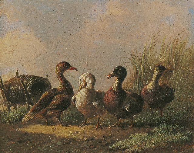 Verhoesen A.  | Vier eenden, olieverf op paneel 9,7 x 12,4 cm, gesigneerd l.o. en gedateerd 1861