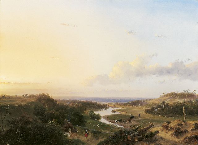 Schelfhout A.  | Herder met kudde in een riviervallei (tezamen met 7655), olieverf op paneel 35,8 x 48,8 cm, gesigneerd r.o. en gedateerd 1847