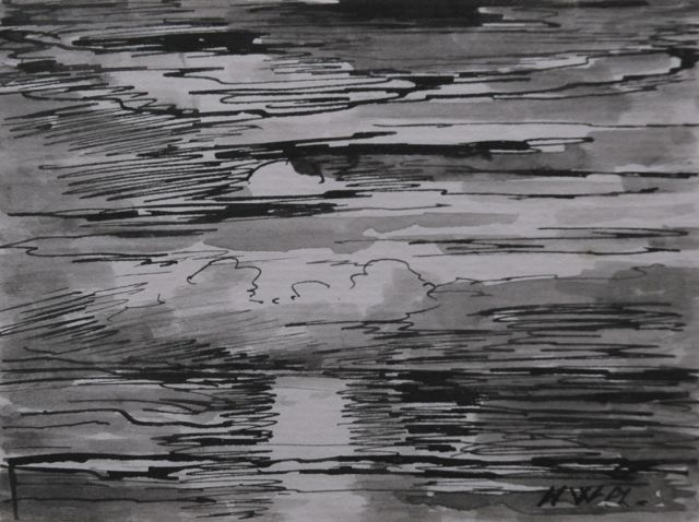 Mesdag H.W.  | Avondstemming op zee, pen en penseel in zwarte inkt op papier op karton 8,7 x 11,2 cm, gesigneerd r.o. met initialen