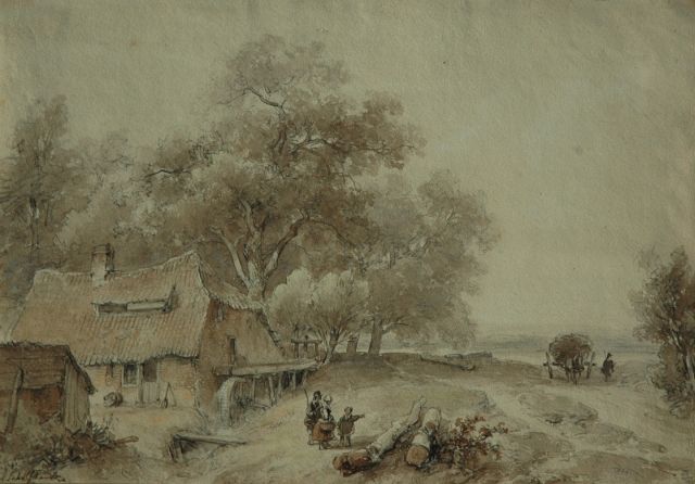 Andreas Schelfhout | Landschap met figuren bij een watermolen, pen, inkt en aquarel op papier, 25,4 x 36,5 cm, gesigneerd l.o.