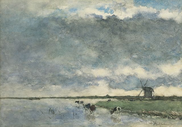 Jan Hendrik Weissenbruch | Polderlandschap met molen en vee, aquarel op papier, 38,7 x 54,6 cm, gesigneerd r.o.