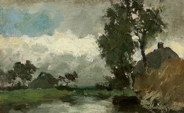 Jan Hendrik Weissenbruch | Polderlandschap bij buiig weer, olieverf op doek op paneel, 15,8 x 25,2 cm, gesigneerd r.o.