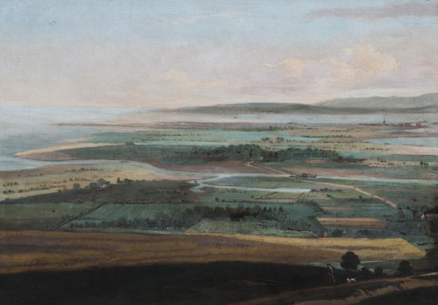 Joris Cornelisz. van der Haagen | Panoramisch landschap met zee op achtergrond, vermoedelijk Falmouth (Zuid-Engeland), olieverf op doek, 55,1 x 75,5 cm