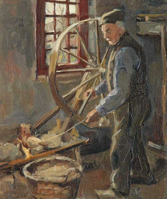 Piet Mondriaan | Interieur met wol spinnende boer, olieverf op doek, 34,0 x 28,0 cm, te dateren ca. 1893-97