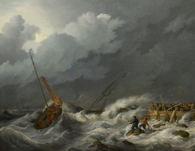 Nicolaas Baur | Zwaar weer bij het binnenlopen van de haven, olieverf op doek, 97,2 x 123,3 cm, gesigneerd r.o.  vage signatuur J.H. Koekkoek en ca. 1810