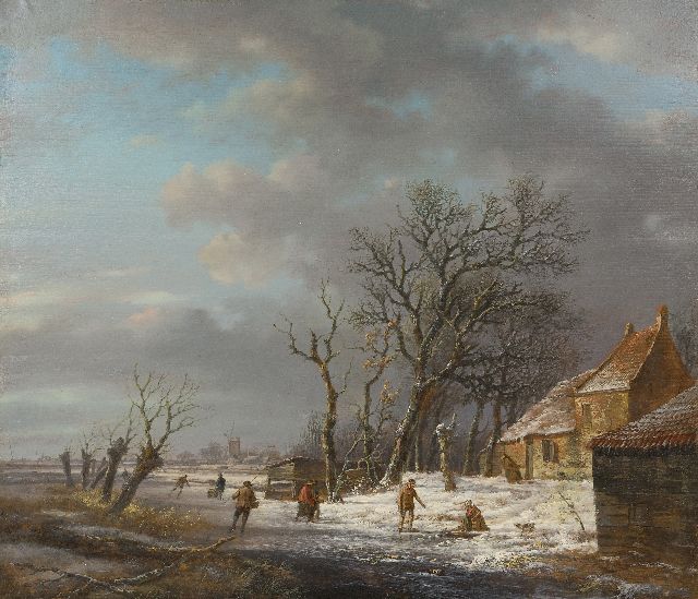 Schelfhout A.  | Winterlandschap met schaatsers en een wasvrouw bij een ijsgat, olieverf op paneel 37,0 x 43,1 cm, gesigneerd l.o. en te dateren ca. 1820