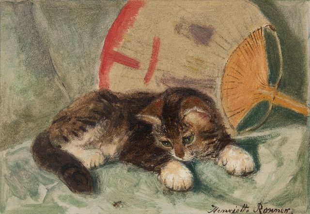 Henriette Ronner | Jong katje met een vlieg, olieverf op papier op board, 21,8 x 31,2 cm, gesigneerd r.o.