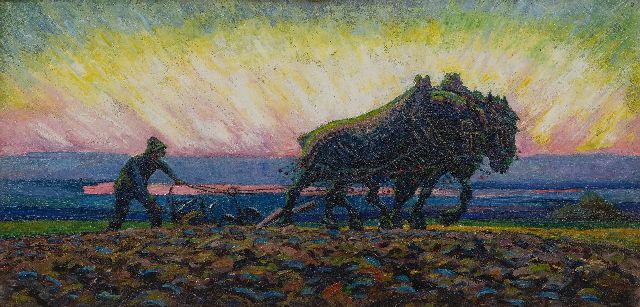 Gouwe A.H.  | Ploegende paarden bij zonsopkomst, olieverf op doek 47,9 x 98,9 cm
