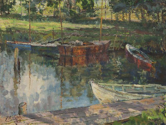 Jan Altink | Aangemeerde bootjes bij het Paterswoldsemeer, olieverf op doek, 60,8 x 80,6 cm, gesigneerd l.o. en gedateerd '43
