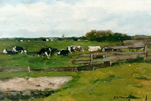 Weissenbruch H.J.  | Zomers weidelandschap met grazende koeien, olieverf op doek op schildersboard 17,5 x 24,5 cm, gesigneerd r.o.