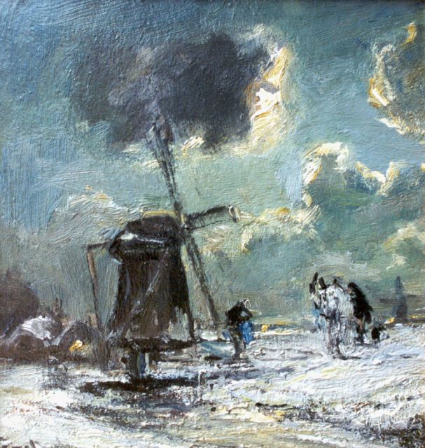 Apol L.F.H.  | Molen in een besneeuwd landschap, olieverf op paneel 19,0 x 18,3 cm, gesigneerd l.o.