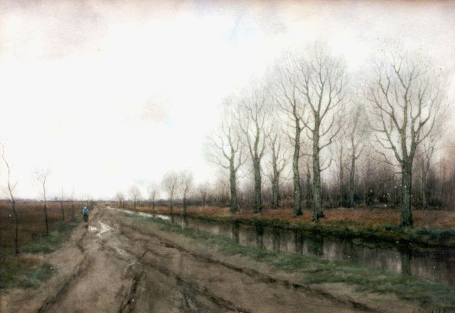 Gorter A.M.  | Winters landschap met boerin langs een vaart, aquarel op papier 33,4 x 46,7 cm, gesigneerd r.o.