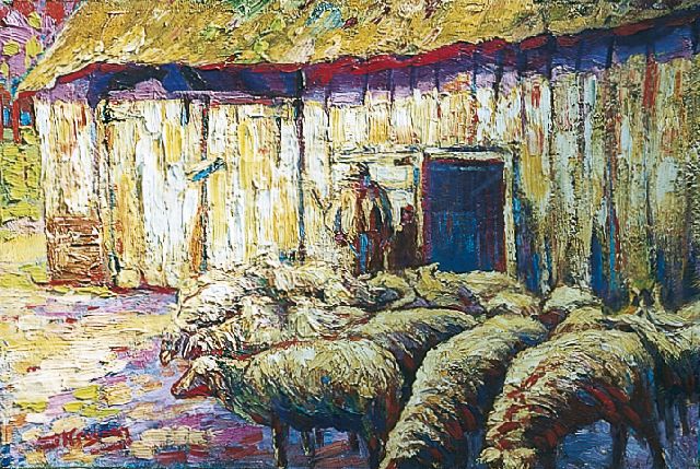 Kruysen J.  | Herder met schaapskudde in de zon, olieverf op doek 34,2 x 51,0 cm, gesigneerd l.o. en te dateren ca. 1915