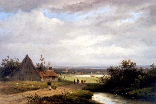 Wisselingh J.P. van | Landschap met boerderij en landvolk, olieverf op paneel 23,4 x 34,2 cm, gesigneerd l.o. met monogram