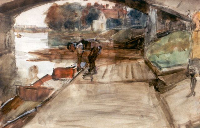 Israels I.L.  | Man bij een roeiboot onder een brug over de Theems, aquarel op papier 33,5 x 50,5 cm