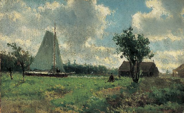 Jan Hendrik Weissenbruch | Polderlandschap met zeilboot, olieverf op doek op board, 19,4 x 31,3 cm, gesigneerd met atelierstempel r.o.