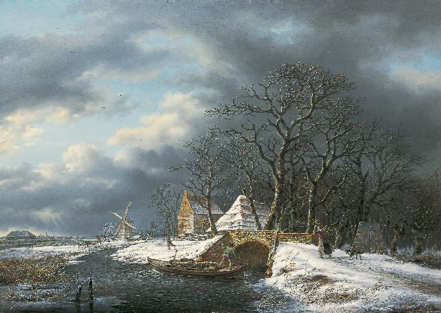 Andreas Schelfhout | Winterlandschap met sprokkelaarster en boer in een punter, olieverf op paneel, 51,0 x 73,0 cm, gesigneerd r.v.h.m. en te dateren ca. 1815