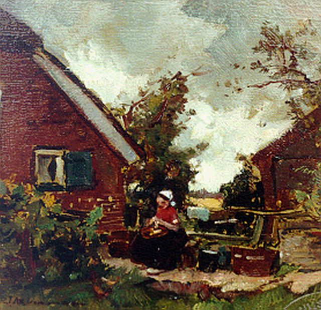 Akkeringa J.E.H.  | Boerenvrouw op haar erf, olieverf op paneel 15,7 x 16,2 cm, gesigneerd l.o.