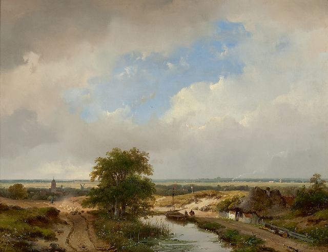 Andreas Schelfhout | Duinlandschap met zicht op Haarlem en een stoomtrein aan de horizon, olieverf op paneel, 31,6 x 41,1 cm, gesigneerd r.o. en gedateerd 1847