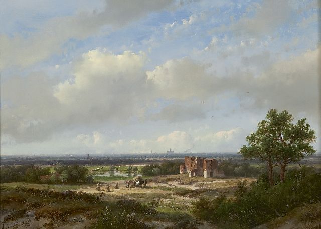 Andreas Schelfhout | Panoramisch landschap met het stadssilhouet van Haarlem en de ruïne van Brederode, olieverf op paneel, 28,4 x 39,1 cm, gesigneerd l.o. en gedateerd '55