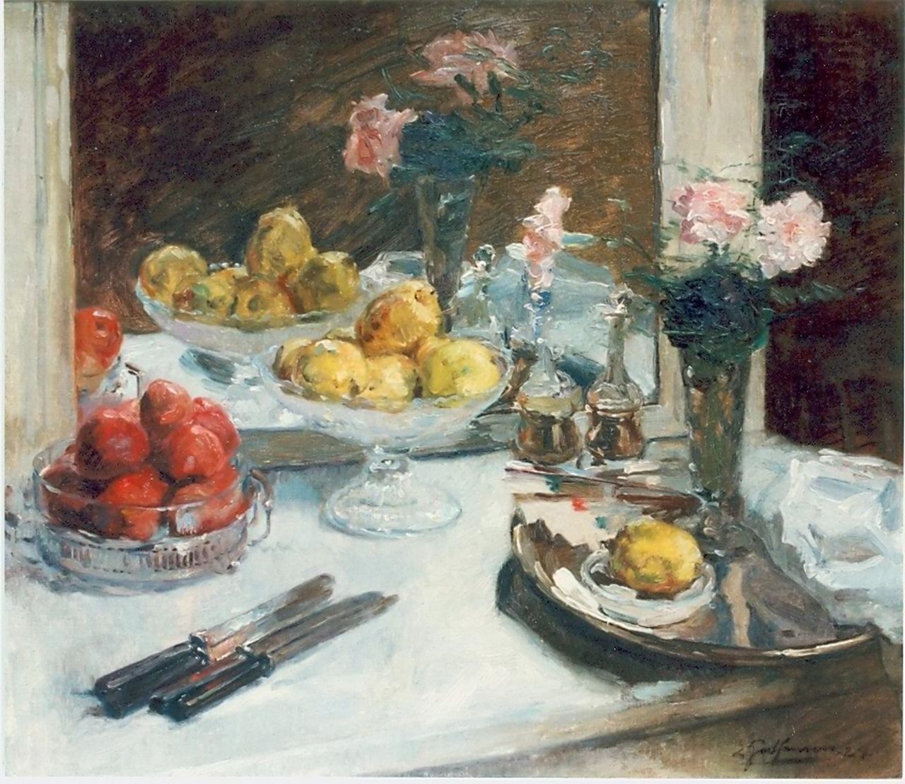 Godfrinon E.J.J.  | Ernest Jean Joseph Godfrinon, Still life with fruit and flowers, oil on canvas 60.0 x 75.0 cm, signed l.r.