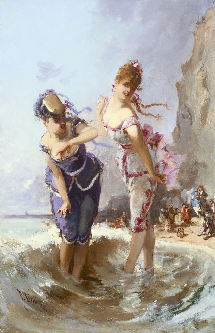 Linder P.J. | Philippe Jacques Linder, 2 Dames aan het pootjebaden, olieverf op doek 46,0 x 30,0 cm, gesigneerd linksonder Linder P.J. | Philippe Jacques Linder, 2 Dames aan het pootjebaden, olieverf op doek 46,0 x 30,0 cm, gesigneerd linksonder