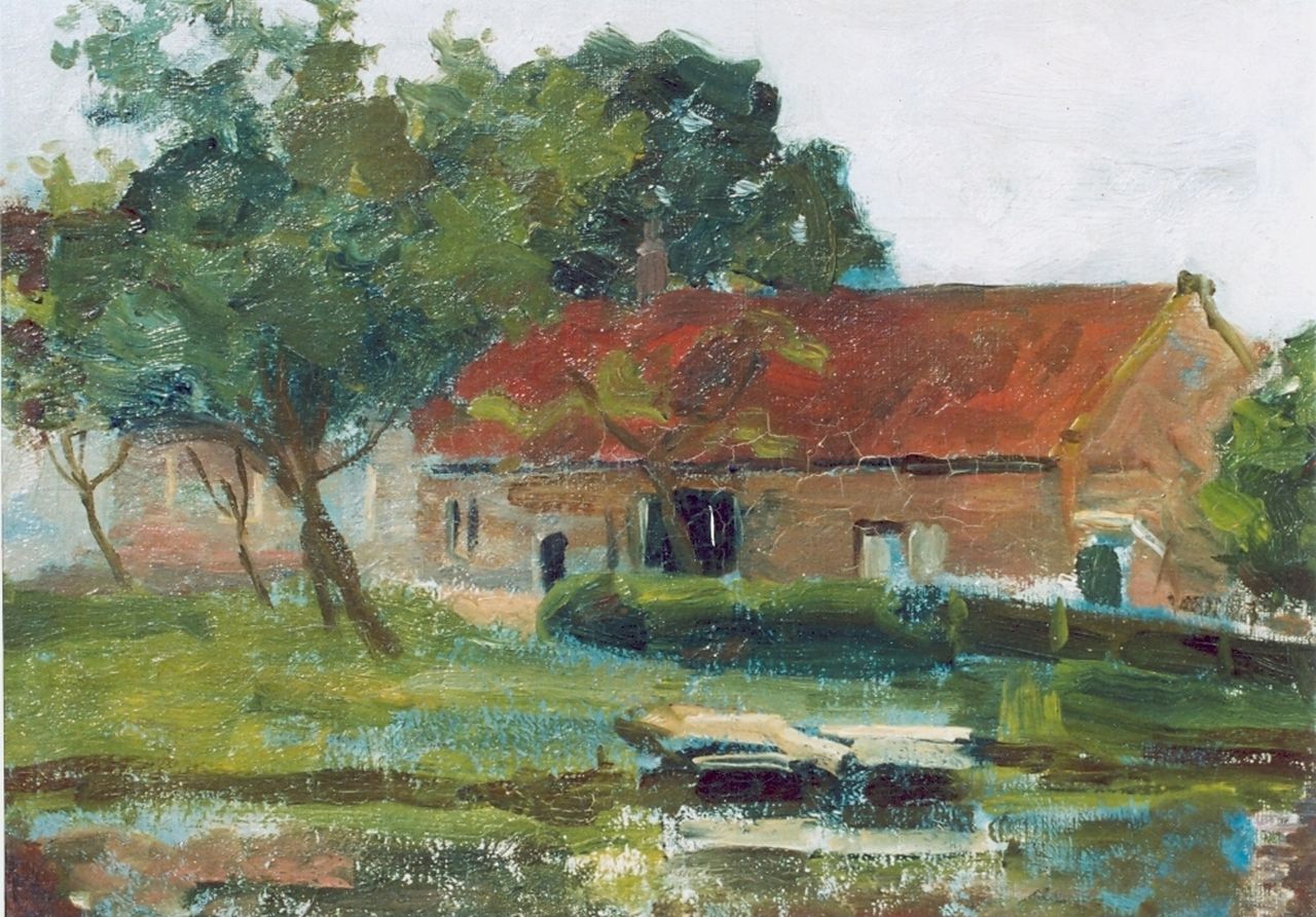 Mondriaan P.C.  | Pieter Cornelis 'Piet' Mondriaan, Boerderij aan het water i.o., olieverf op doek op schildersboard 35,5 x 46,0 cm, gesigneerd linksonder