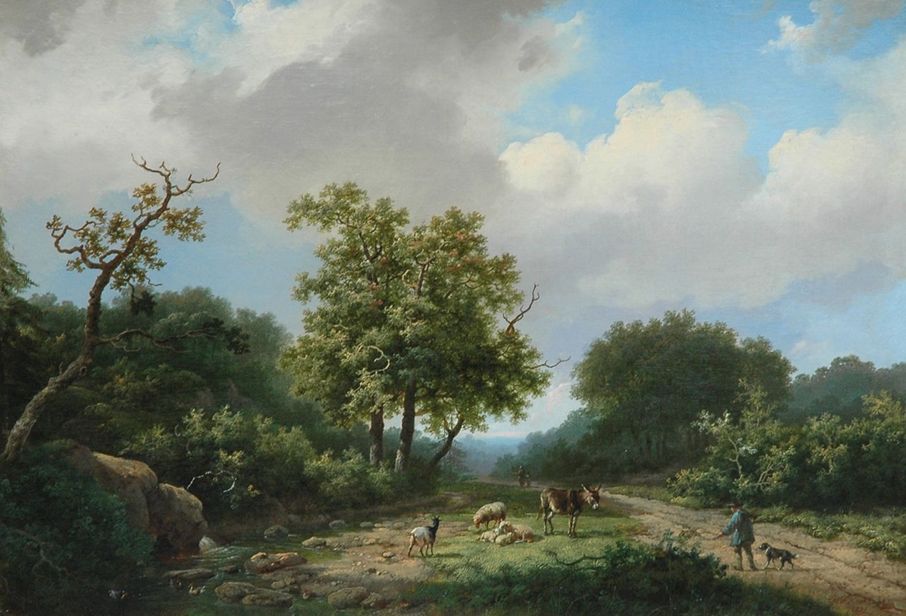 Koekkoek I M.A.  | Marinus Adrianus Koekkoek I, Beboste beekvallei met vee en herder, olieverf op doek 43,1 x 62,1 cm, gesigneerd rechtsonder en gedateerd 1855