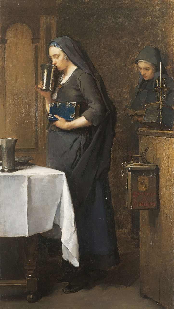 Bisschop Ch.  | Christoffel Bisschop, A moment of piety, Hinlopen, oil on canvas 103.4 x 58.8 cm, signed u.l. and painted circa 1880