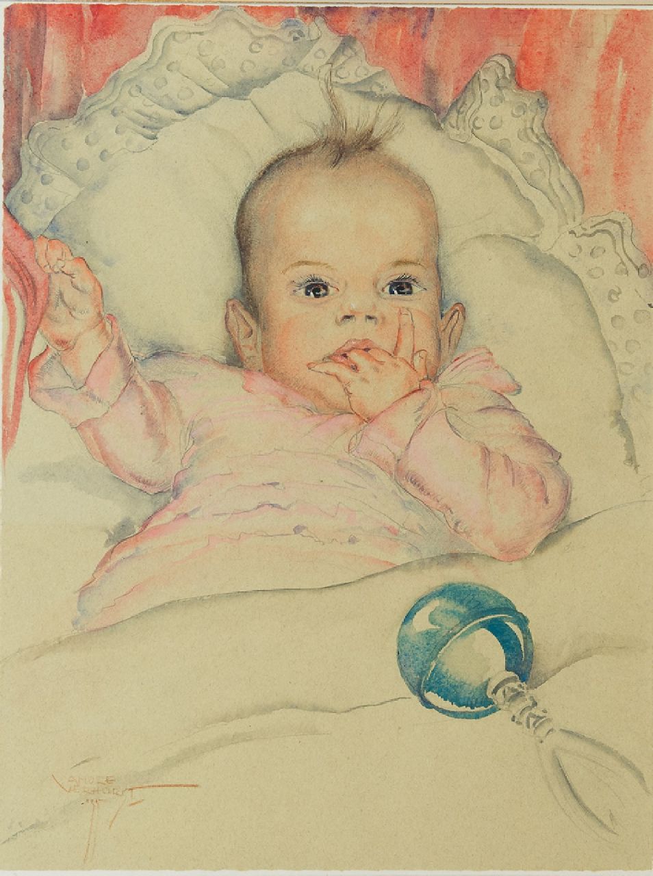 Verhorst A.J.  | Andreas Jacobus 'André J.' Verhorst | Watercolours and drawings offered for sale | A baby's portrait of Emmie Reijnders, pencil and watercolour on paper 44.5 x 33.5 cm, signed l.l. and dated '35