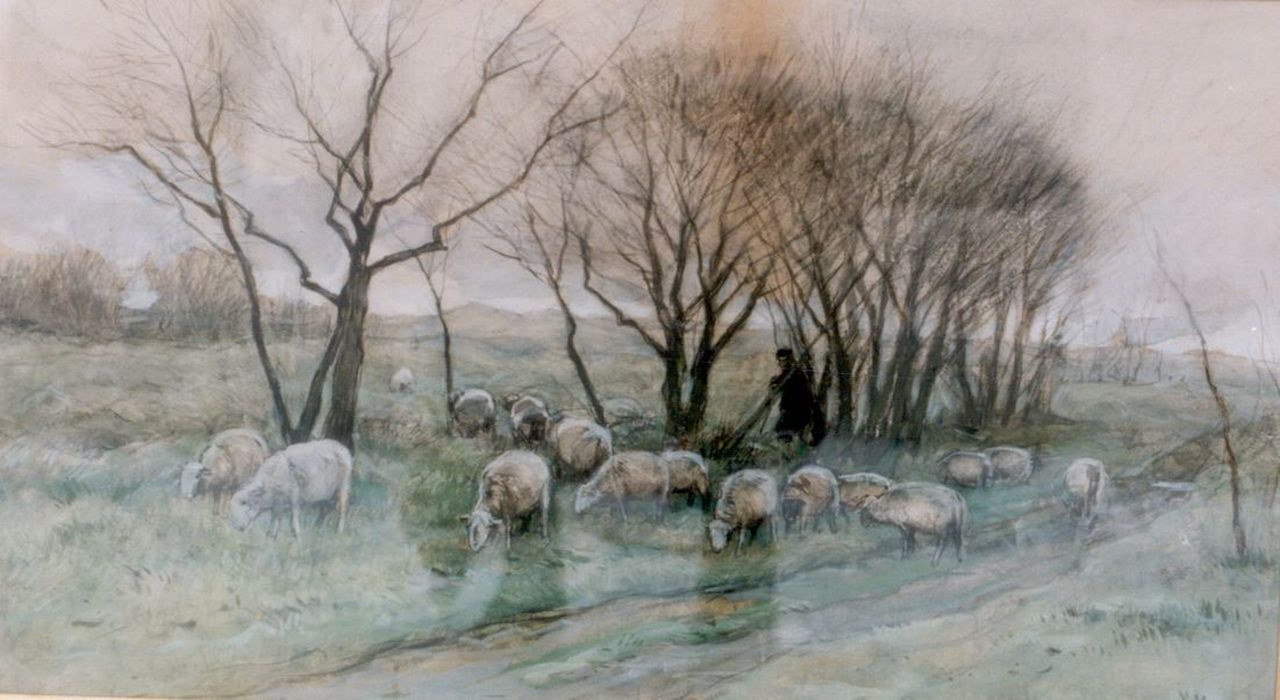 Mauve A.  | Anthonij 'Anton' Mauve, A shepherd and flock, watercolour on paper 33.0 x 58.7 cm, signed l.r.