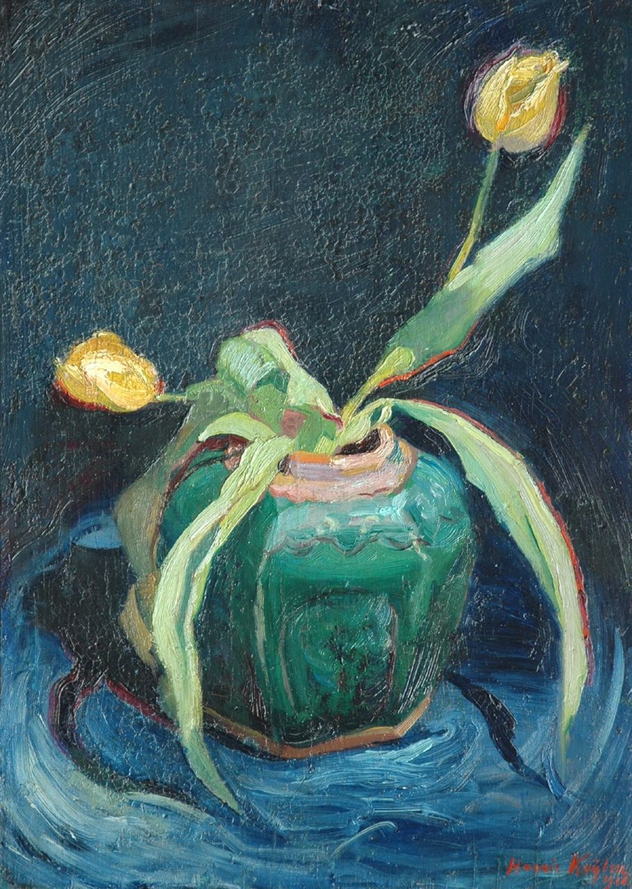 Kuijten H.J.  | Henricus Johannes 'Harrie' Kuijten, Tulpen in gemberpot, olieverf op paneel 52,2 x 37,3 cm, gesigneerd rechtsonder en gedateerd 1916