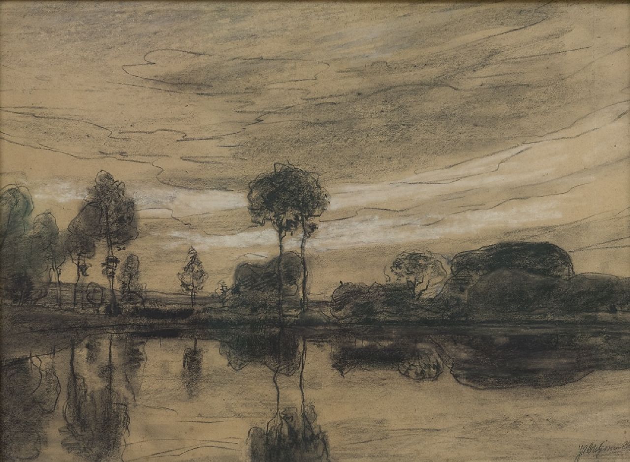 Wijsmuller J.H.  | Jan Hillebrand Wijsmuller | Watercolours and drawings offered for sale | Trees along the water, black chalk on paper 42.0 x 57.0 cm, signed l.r.
