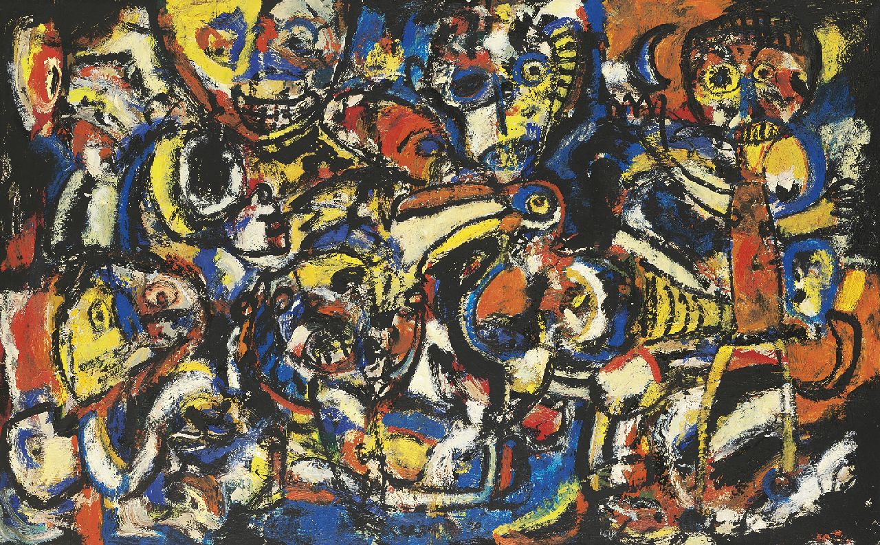 Romijn G.A.M.  | Gustavus Adrianus Maria 'Gust' Romijn | Schilderijen te koop aangeboden | Compositie met figuren en dieren * zie bijz. *, olieverf op doek 60,2 x 99,8 cm, gesigneerd middenonder en 1950