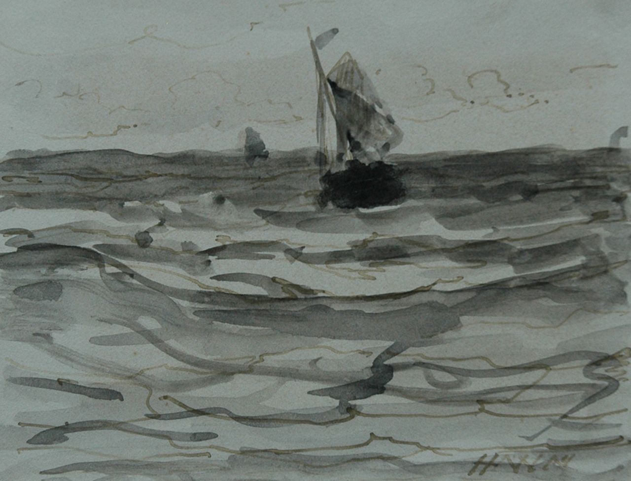Mesdag H.W.  | Hendrik Willem Mesdag, Fishing boat at sea, brush in black ink and watercolour on paper 8.7 x 11.2 cm, signed l.r. with initials and dated 's January 1883'