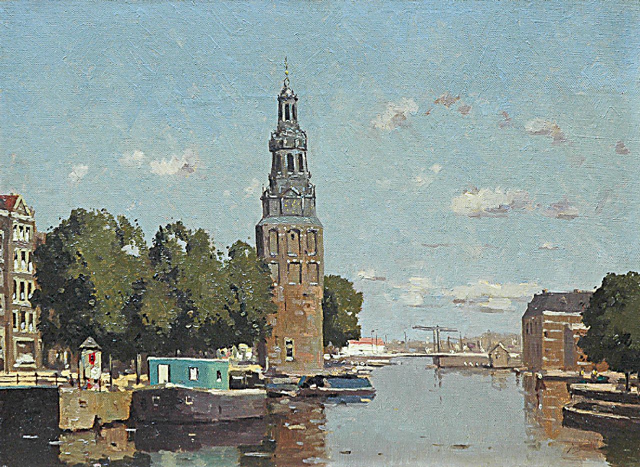 Jeveren G. van | Gerrit van Jeveren | Schilderijen te koop aangeboden | Gezicht op de Montelbaanstoren aan de Oude Schans, Amsterdam i.o., olieverf op doek 30,3 x 40,5 cm, gesigneerd rechtsonder (resten)
