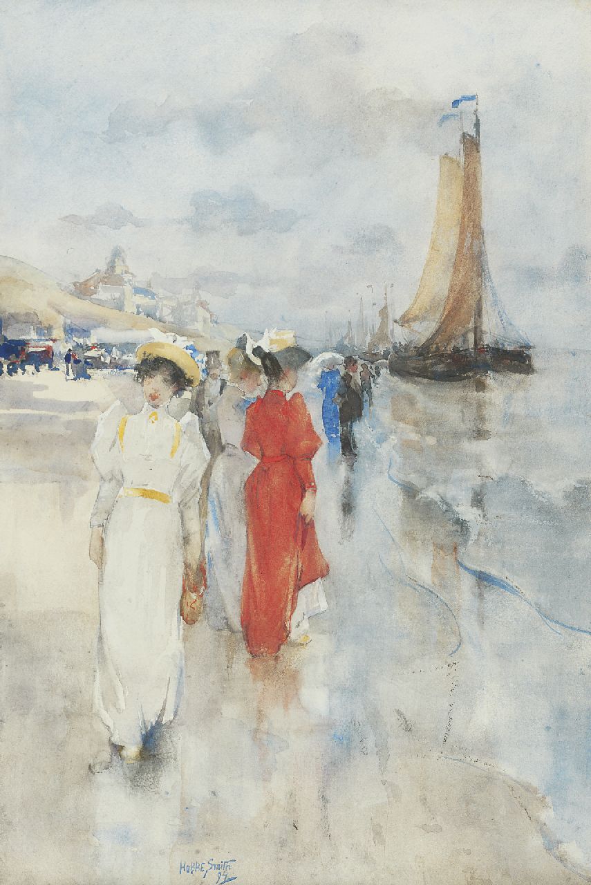 Smith H.  | Hobbe Smith, Elegant ladies strolling on the beach, Scheveningen, watercolour on paper 45.9 x 30.4 cm, signed l.l.c. and dated '94