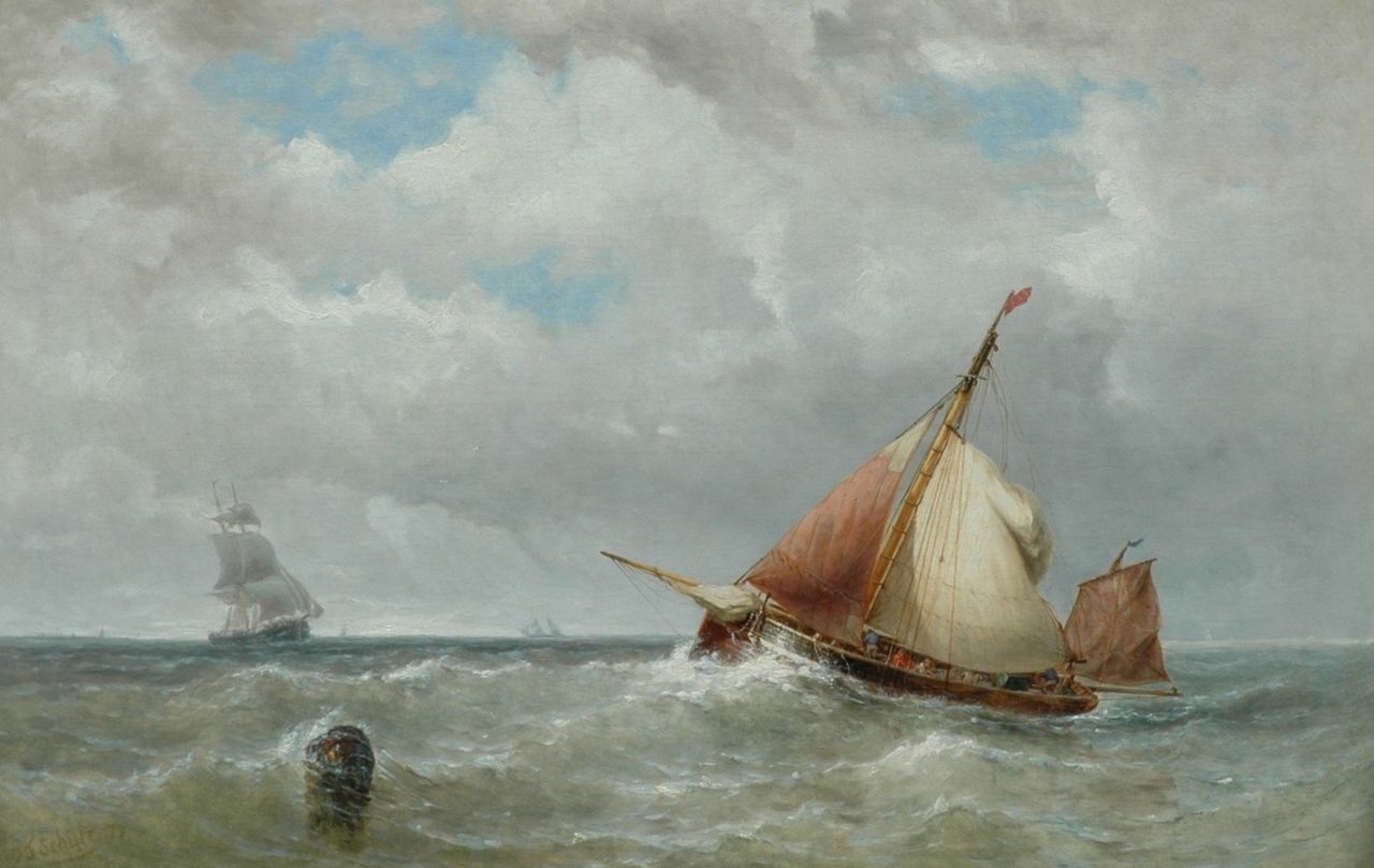 Schütz J.F.  | Jan Frederik Schütz, Zeilende loods voor de Zeeuwse kust, olieverf op doek 69,5 x 104,0 cm, gesigneerd linksonder en gedateerd '71