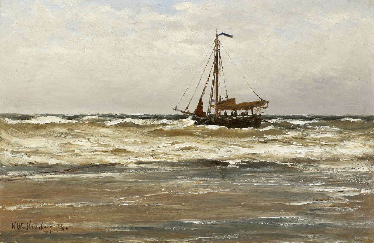 Mesdag H.W.  | Hendrik Willem Mesdag, Seaview with a fishing boat, oil on panel 26.0 x 39.5 cm, signed l.l. and dated '74