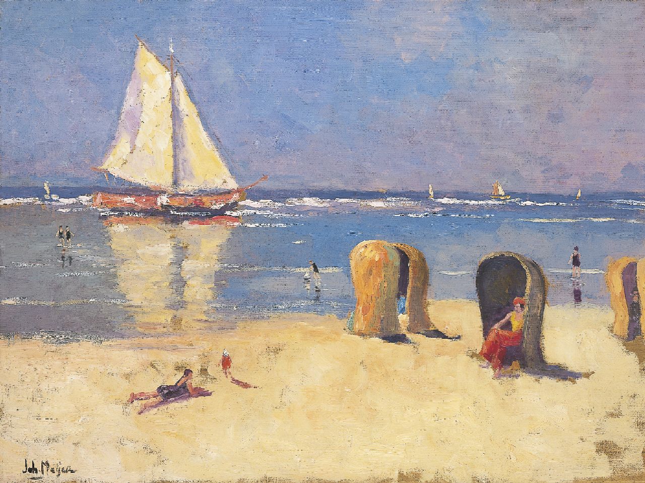 Meijer J.  | Johannes 'Johan' Meijer, A sunny day on the beach, oil on canvas 60.5 x 80.6 cm, signed l.l.