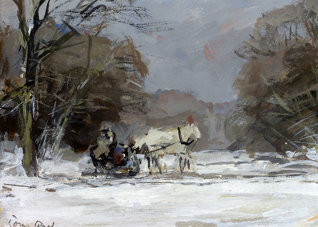 Apol L.F.H.  | Lodewijk Franciscus Hendrik 'Louis' Apol, A horse drawn sledge in a winter landscape, gouache on paper 12.0 x 17.0 cm, signed l.l.